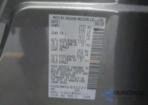 2019 Nissan Pathfinder Sv z USA, uszkodzony, nr VIN 5N1DR2MM7KC631227